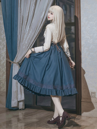 クラシックロリータドレス ダークネイビー OP ポリエステル レースアップ 長袖 ロリータドレスセット