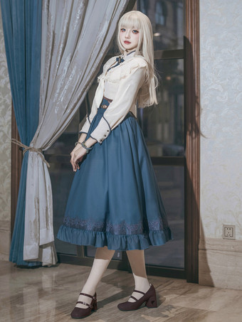 クラシックロリータドレス ダークネイビー OP ポリエステル レースアップ 長袖 ロリータドレスセット