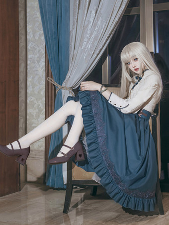 クラシックロリータドレス ダークネイビー OP ポリエステル レースアップ 長袖 ロリータドレスセット