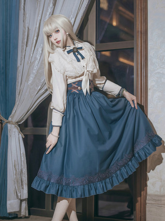 クラシックロリータドレス ダークネイビー OP ポリエステル レースアップ 長袖 ロリータドレスセット
