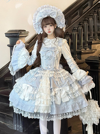 ブルー ピンク姫ロリータドレス レースフリル JSK ショート スウィートロリータドレス