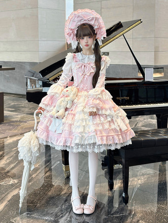 ピンク姫ロリータドレス レースフリル JSK ショート スウィートロリータドレス