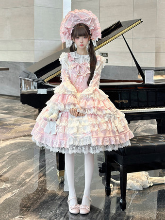 ピンク姫ロリータドレス レースフリル JSK ショート スウィートロリータドレス