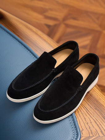 ブラック スエード メンズ カジュアル ローファー 本革 ラウンドトゥ スリッポンシューズ