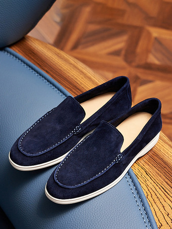 ブルー スエード メンズ カジュアル ローファー 本革 ラウンドトゥ スリッポンシューズ