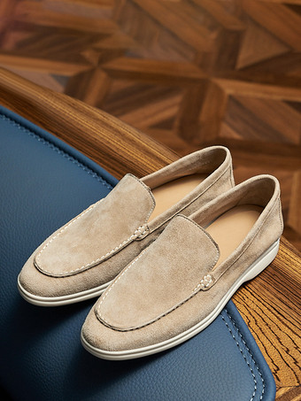 ライト アプリコットスエード メンズ カジュアル ローファー 本革 ラウンドトゥ スリッポンシューズ