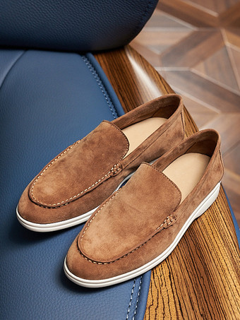 ブラウンスエード メンズ カジュアル ローファー 本革 ラウンドトゥ スリッポンシューズ