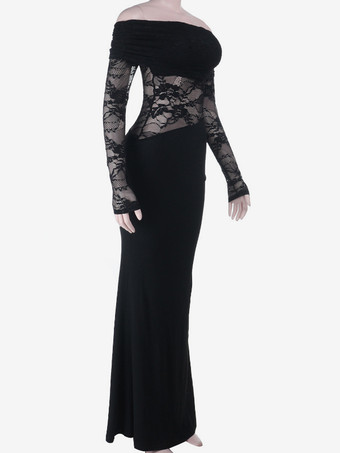 オフショルダーレースパッチワークマキシドレス（レディース） - ブラックゴシックシースルー袖ボディコンガウン - 2026年春のガラパーティー衣装
