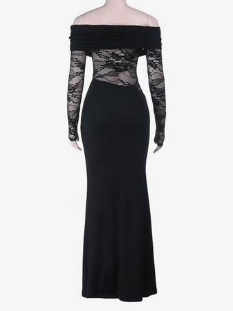 オフショルダーレースパッチワークマキシドレス（レディース） - ブラックゴシックシースルー袖ボディコンガウン - 2026年春のガラパーティー衣装