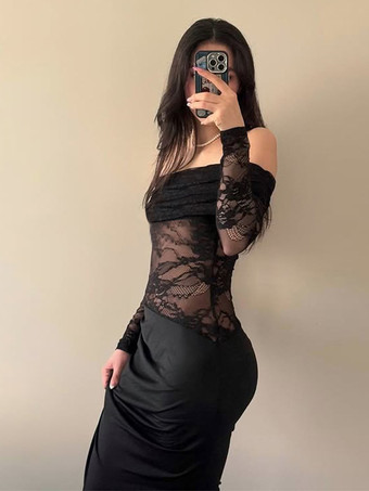 オフショルダーレースパッチワークマキシドレス（レディース） - ブラックゴシックシースルー袖ボディコンガウン - 2026年春のガラパーティー衣装