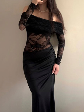 オフショルダーレースパッチワークマキシドレス（レディース） - ブラックゴシックシースルー袖ボディコンガウン - 2026年春のガラパーティー衣装