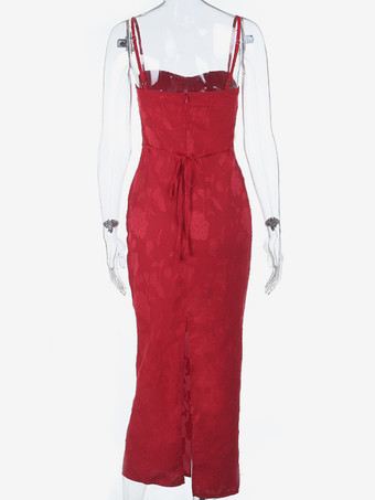 赤い花柄ジャカードマキシドレス（女性用） - ロマンチックなスリムフィットキャミドレス - 夏のデートナイトコーデ 2026