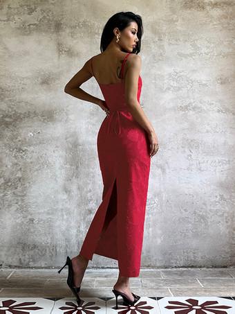 赤い花柄ジャカードマキシドレス（女性用） - ロマンチックなスリムフィットキャミドレス - 夏のデートナイトコーデ 2026