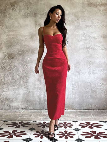 赤い花柄ジャカードマキシドレス（女性用） - ロマンチックなスリムフィットキャミドレス - 夏のデートナイトコーデ 2026