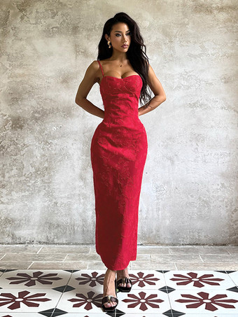 赤い花柄ジャカードマキシドレス（女性用） - ロマンチックなスリムフィットキャミドレス - 夏のデートナイトコーデ 2026