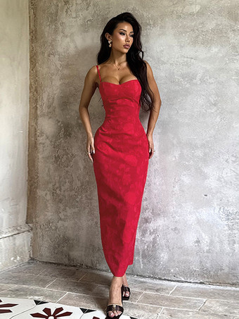 レッド 赤い花柄ジャカードマキシドレス（女性用） - ロマンチックなスリムフィットキャミドレス - 夏のデートナイトコーデ 2026