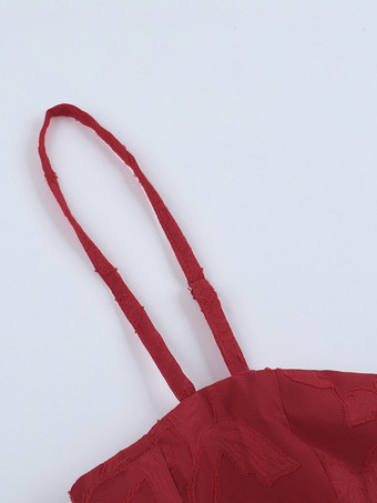 赤い花柄ジャカードマキシドレス（女性用） - ロマンチックなスリムフィットキャミドレス - 夏のデートナイトコーデ 2026