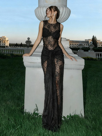 ブラック 透け感のある花柄レースのマキシドレス（レディース） - ブラックのゴシック調ノースリーブボディコンガウン - 夏の夜のパーティーやクラブウェア 2026