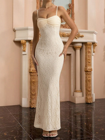 美しいレースのマキシドレス（女性用） - アプリコットカラーのギャザー入りボディコンガウン - 夏の結婚式ゲストパーティーウェア 2026