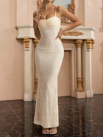 美しいレースのマキシドレス（女性用） - アプリコットカラーのギャザー入りボディコンガウン - 夏の結婚式ゲストパーティーウェア 2026