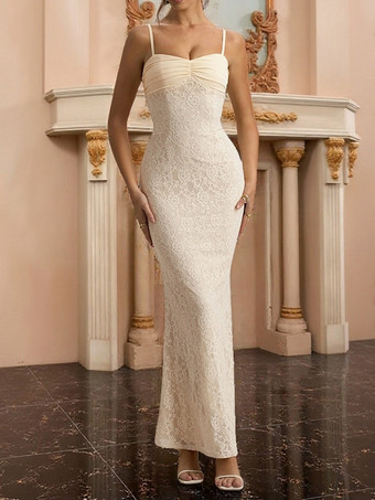 美しいレースのマキシドレス（女性用） - アプリコットカラーのギャザー入りボディコンガウン - 夏の結婚式ゲストパーティーウェア 2026