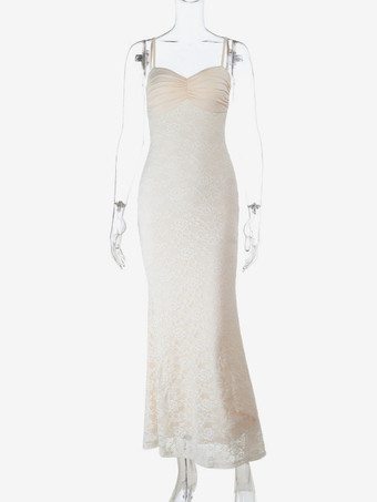 美しいレースのマキシドレス（女性用） - アプリコットカラーのギャザー入りボディコンガウン - 夏の結婚式ゲストパーティーウェア 2026