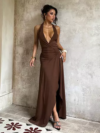 bella satin halter maxi dress product info and reviews Ciao, Bella Tied Back Satin Maxi Dress Midnight Blue