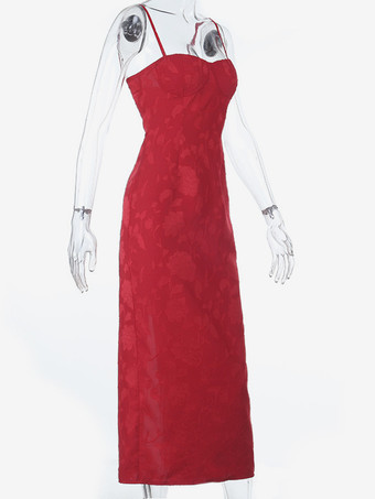 赤い花柄ジャカードマキシドレス（女性用） - ロマンチックなスリムフィットキャミドレス - 夏のデートナイトコーデ 2026