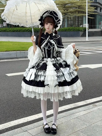ブラック ピンク姫ロリータドレス レースフリル JSK ショート スウィートロリータドレス