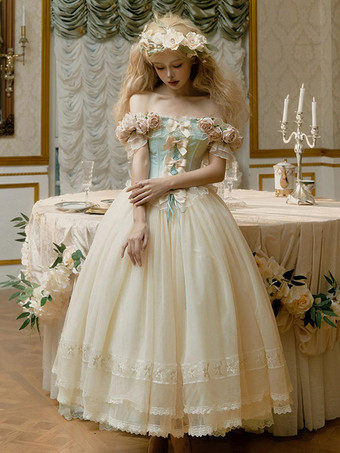 ホワイト フェアリーロリータドレス 白い花柄リボン オフショルダー 半袖 ヴィンテージロリータドレス