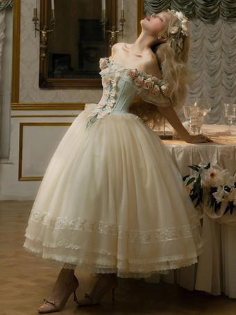 フェアリーロリータドレス 白い花柄リボン オフショルダー 半袖 ヴィンテージロリータドレス