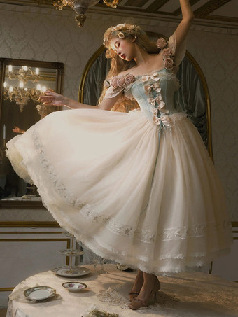 フェアリーロリータドレス 白い花柄リボン オフショルダー 半袖 ヴィンテージロリータドレス