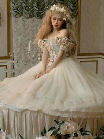 フェアリーロリータドレス 白い花柄リボン オフショルダー 半袖 ヴィンテージロリータドレス