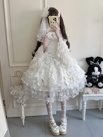 ホワイト ピンクのスウィートロリータドレス、ノースリーブ、フリル、リボン付きJSK、姫ロリータドレス