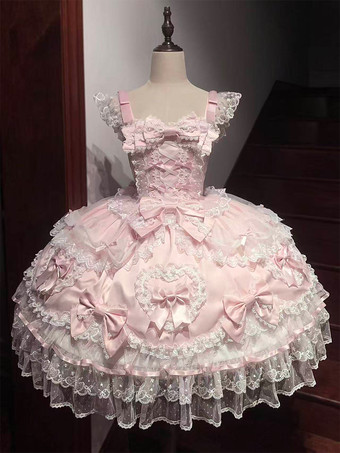 ピンクのスウィートロリータドレス、ノースリーブ、フリル、リボン付きJSK、姫ロリータドレス