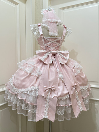 ピンクのスウィートロリータドレス、ノースリーブ、フリル、リボン付きJSK、姫ロリータドレス