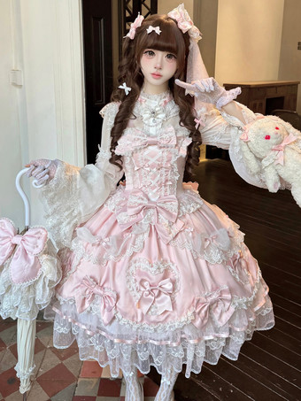 ピンクピンクのスウィートロリータドレス、ノースリーブ、フリル、リボン付きJSK、姫ロリータドレス
