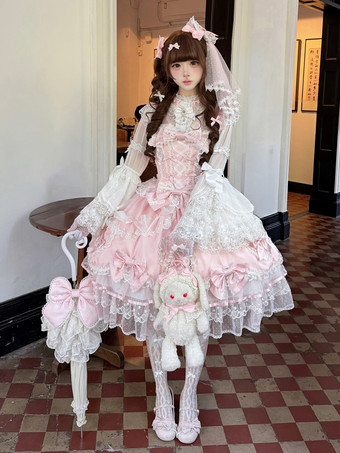 ピンクのスウィートロリータドレス、ノースリーブ、フリル、リボン付きJSK、姫ロリータドレス