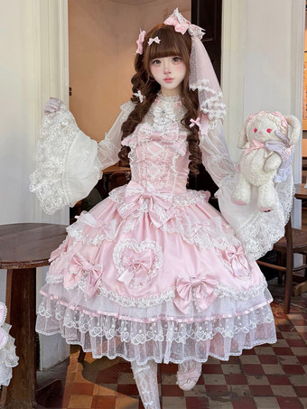 ピンクのスウィートロリータドレス、ノースリーブ、フリル、リボン付きJSK、姫ロリータドレス