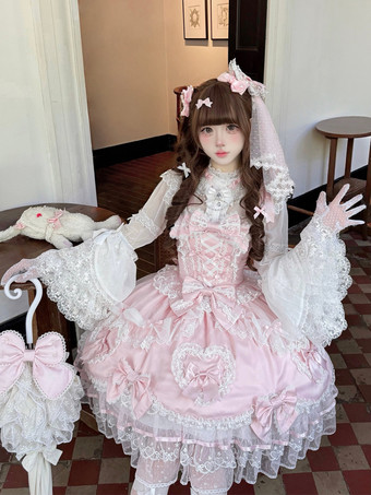 ピンクのスウィートロリータドレス、ノースリーブ、フリル、リボン付きJSK、姫ロリータドレス
