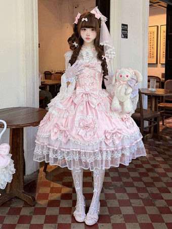 ピンクのスウィートロリータドレス、ノースリーブ、フリル、リボン付きJSK、姫ロリータドレス