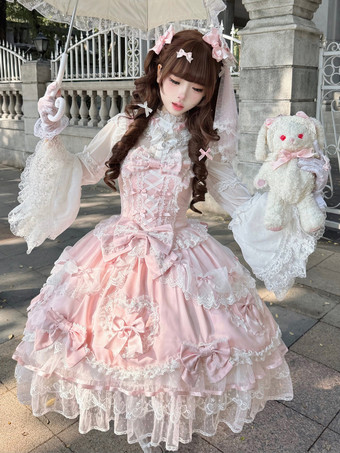 ピンクのスウィートロリータドレス、ノースリーブ、フリル、リボン付きJSK、姫ロリータドレス