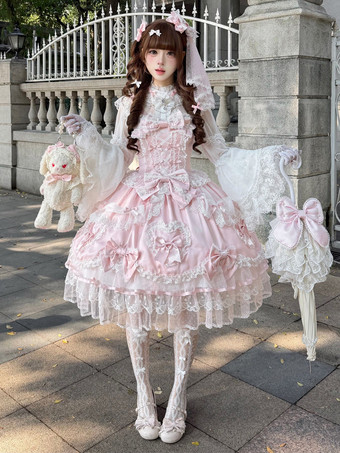 ピンクのスウィートロリータドレス、ノースリーブ、フリル、リボン付きJSK、姫ロリータドレス