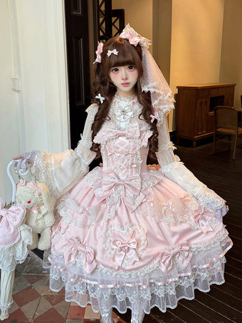 ピンクのスウィートロリータドレス、ノースリーブ、フリル、リボン付きJSK、姫ロリータドレス