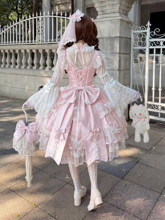 ピンクのスウィートロリータドレス、ノースリーブ、フリル、リボン付きJSK、姫ロリータドレス