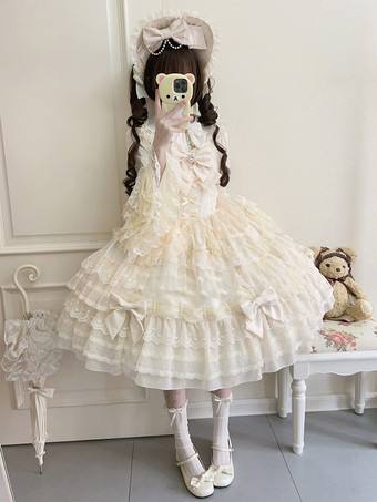 アプリコットホワイト スウィートロリータドレス ノースリーブ レース フリル JSK 姫ロリータドレス