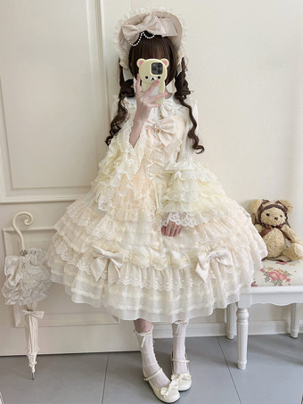 ホワイト スウィートロリータドレス ノースリーブ レース フリル JSK 姫ロリータドレス