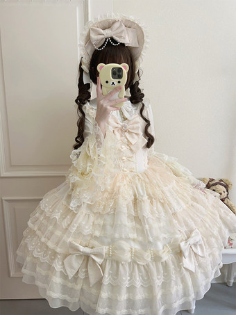 ホワイト スウィートロリータドレス ノースリーブ レース フリル JSK 姫ロリータドレス
