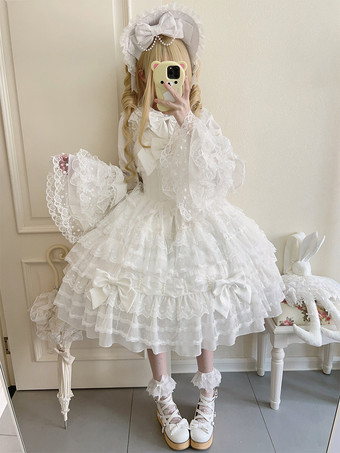 ホワイト スウィートロリータドレス ノースリーブ レース フリル JSK 姫ロリータドレス