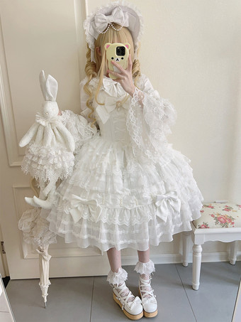 ホワイト スウィートロリータドレス ノースリーブ レース フリル JSK 姫ロリータドレス